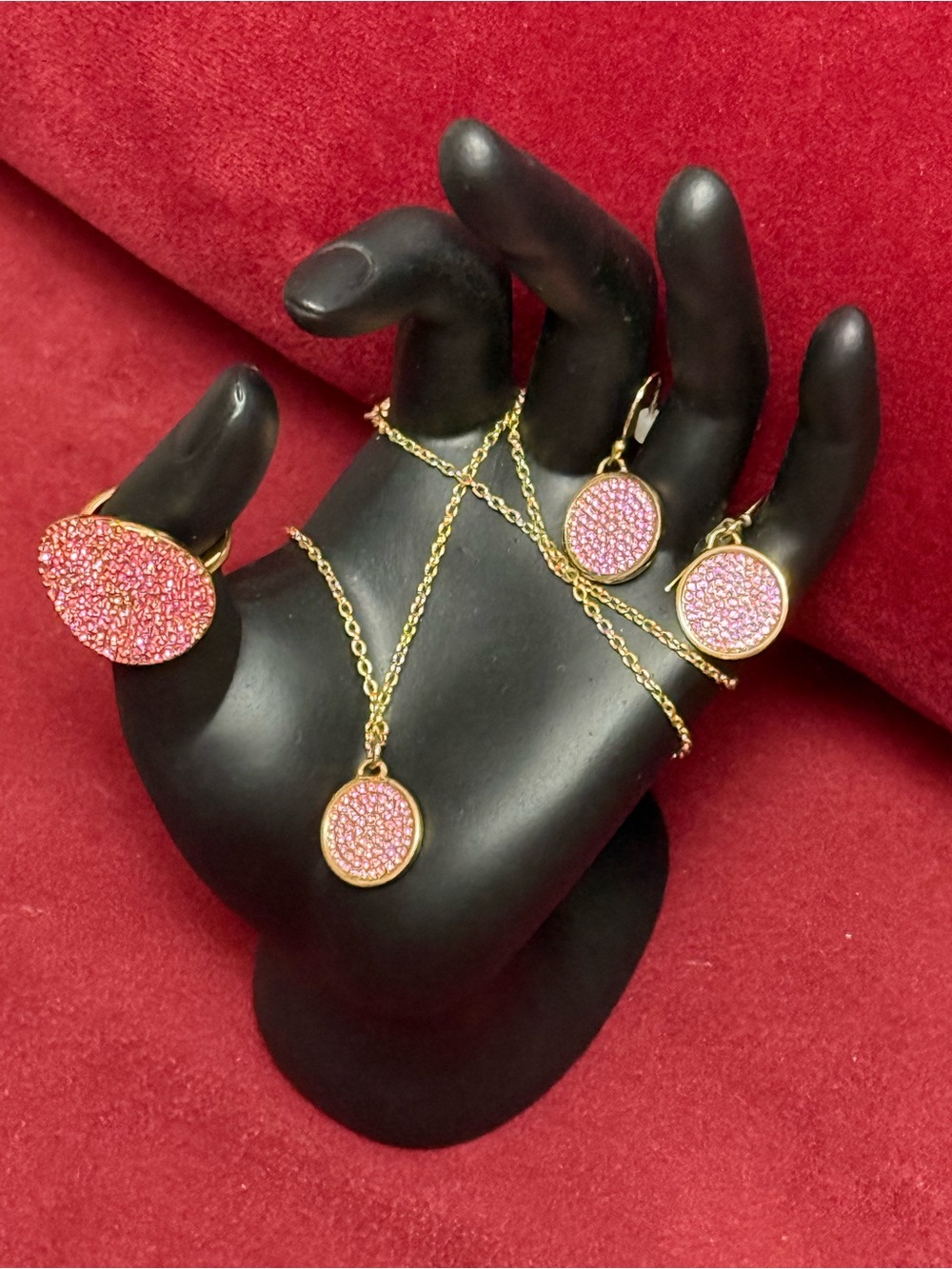 Coach Pink Druzy-Inspired Necklace, Earring and Ring Set - Gold-Tone. NWOT